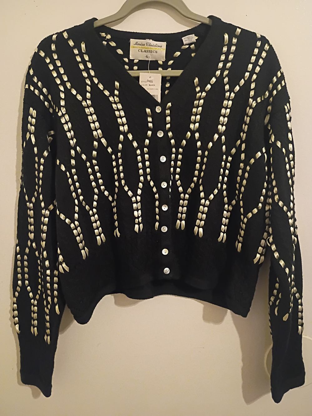 VTG Marisa Christina Black Cardigan with Light Gray Ribbon Design Sz L NWT